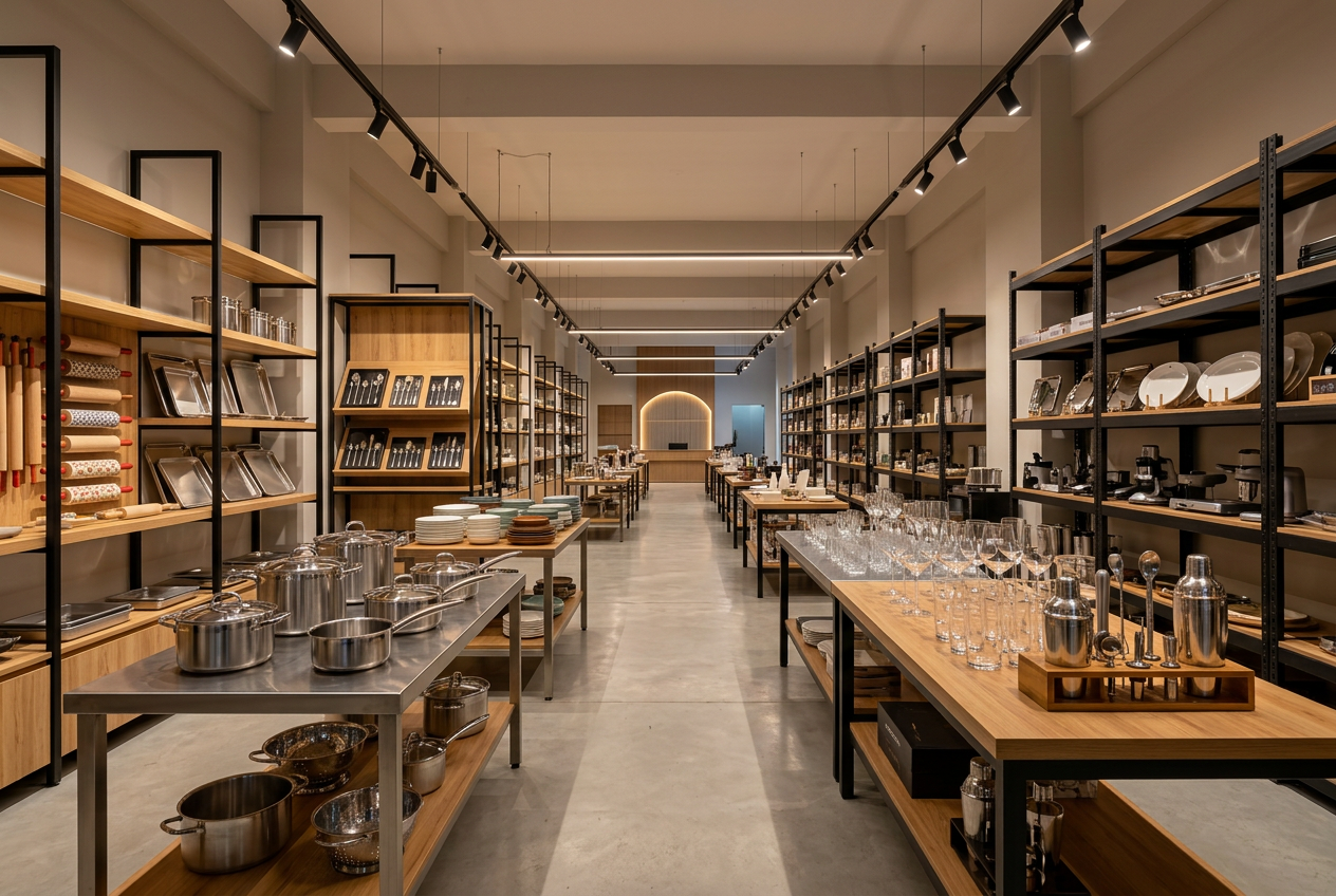 Neatly arranged kitchenware, bakery, cutlery, crockery, glassware and barware in a premium warehouse